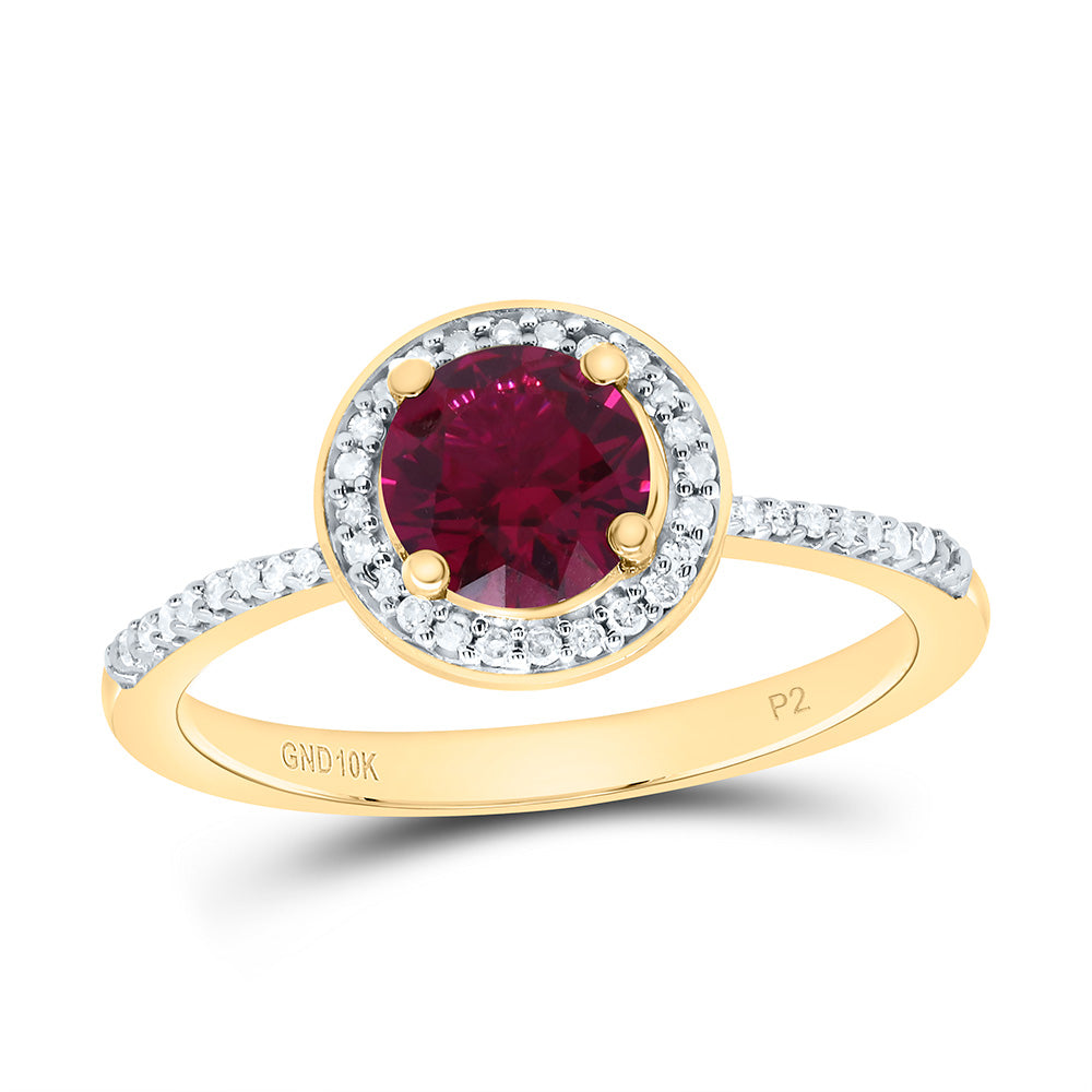 10K Yellow or White Gold 1/8 Ctw Natural Diamond 6MM Round Ruby Synthetic Ring, Womens Size: 5-9