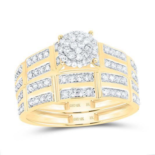 10K Yellow or White Gold 1/2 Ctw Natural Diamond Round Trio Set, Womens Size: 5-9, Mens Size: 8-12