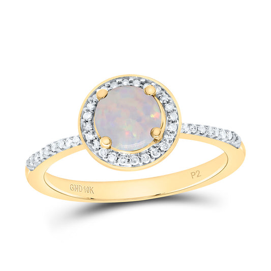 10K Yellow or White Gold 1/8 Ctw Natural Diamond 6MM Round Opal Synthetic Ring, Womens Size: 5-9