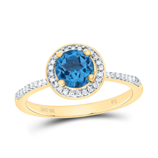 10K Yellow or White Gold 1/8 Ctw Natural Diamond 6MM Round Blue Topaz Synthetic Ring, Womens Size: 5-9