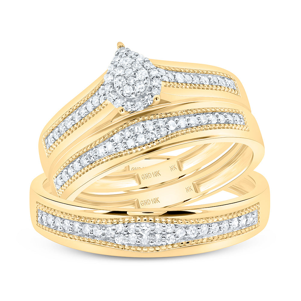 10K Yellow or White Gold 3/8 Ctw Natural Diamond Pear Trio Set, Womens Size: 5-9, Mens Size: 8-12
