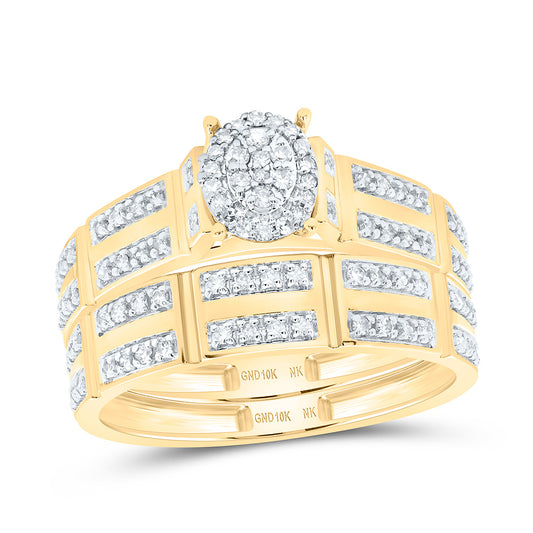 10K Yellow or White Gold 1/2 Ctw Natural Diamond Oval Trio Set, Womens Size: 5-9, Mens Size: 8-12