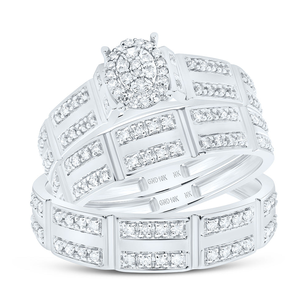 10K Yellow or White Gold 1/2 Ctw Natural Diamond Oval Trio Set, Womens Size: 5-9, Mens Size: 8-12