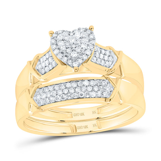 10K Yellow or White Gold 3/8 Ctw Natural Diamond Heart Trio Set, Womens Size: 5-9, Mens Size: 8-12
