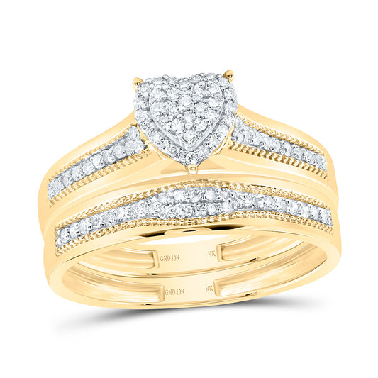 10K Yellow or White Gold 3/8 Ctw Natural Diamond Heart Trio Set, Womens Size: 5-9, Mens Size: 8-12