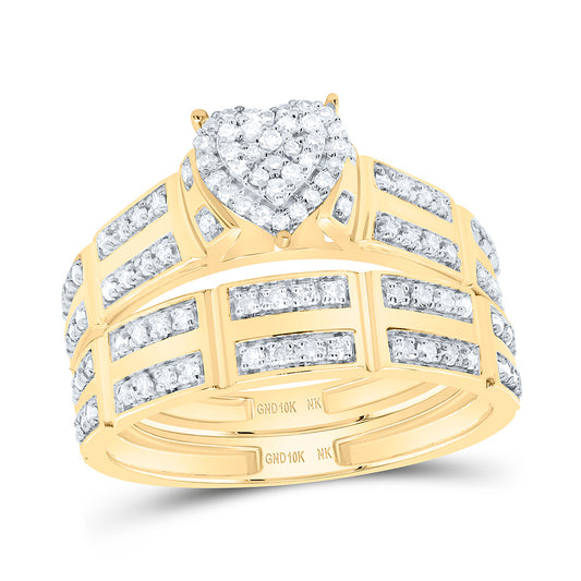 10K Yellow or White Gold 1/2 Ctw Natural Diamond Heart Trio Set, Womens Size: 5-9, Mens Size: 8-12