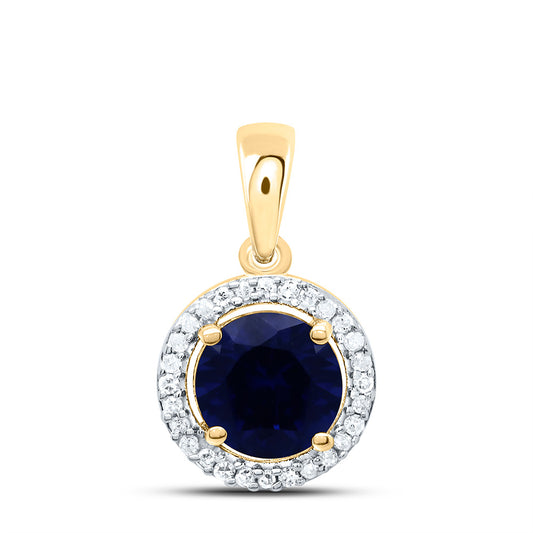 10K Yellow or White Gold 1/12 Ctw Natural Diamond 6MM Round Blue Sapphire Synthetic Pendant