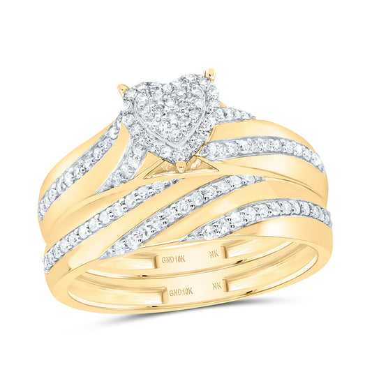 10K Yellow or White Gold 1/2 Ctw Natural Diamond Heart Trio Set, Womens Size: 5-9, Mens Size: 8-12