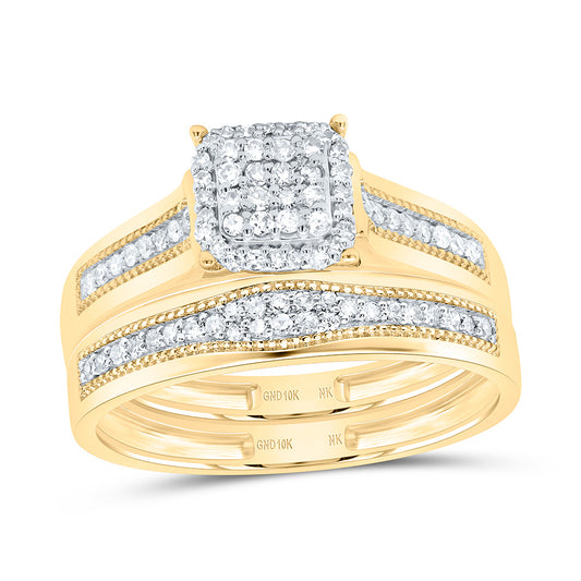 10K Yellow or White Gold 3/8 Ctw Natural Diamond Cushion Trio Set, Womens Size: 5-9, Mens Size: 8-12