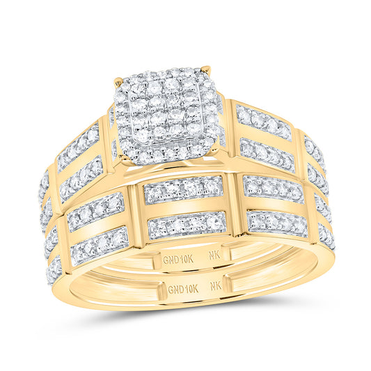 10K Yellow Gold 5/8 Ctw Natural Diamond Cushion Trio Set, Womens Size: 5-9, Mens Size: 8-12