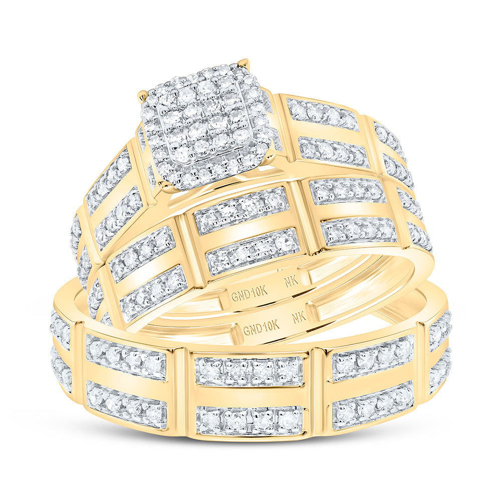 10K Yellow Gold 5/8 Ctw Natural Diamond Cushion Trio Set, Womens Size: 5-9, Mens Size: 8-12
