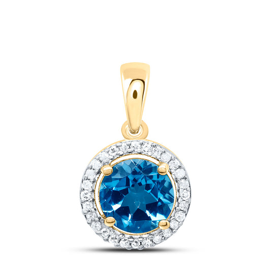 10K Yellow or White Gold 1/12 Ctw Natural Diamond 6MM Round Blue Topaz Synthetic Pendant