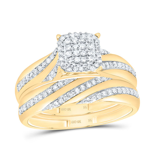 10K Yellow or White Gold 1/2 Ctw Natural Diamond Cushion Trio Set, Womens Size: 5-9, Mens Size: 8-12