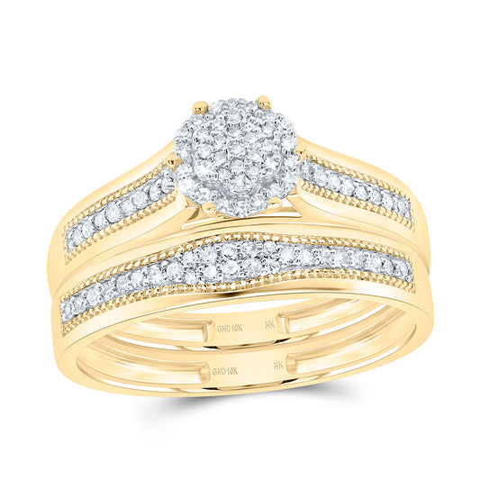 10K Yellow or White Gold 3/8 Ctw Natural Diamond Flower Trio Set, Womens Size: 5-9, Mens Size: 8-12