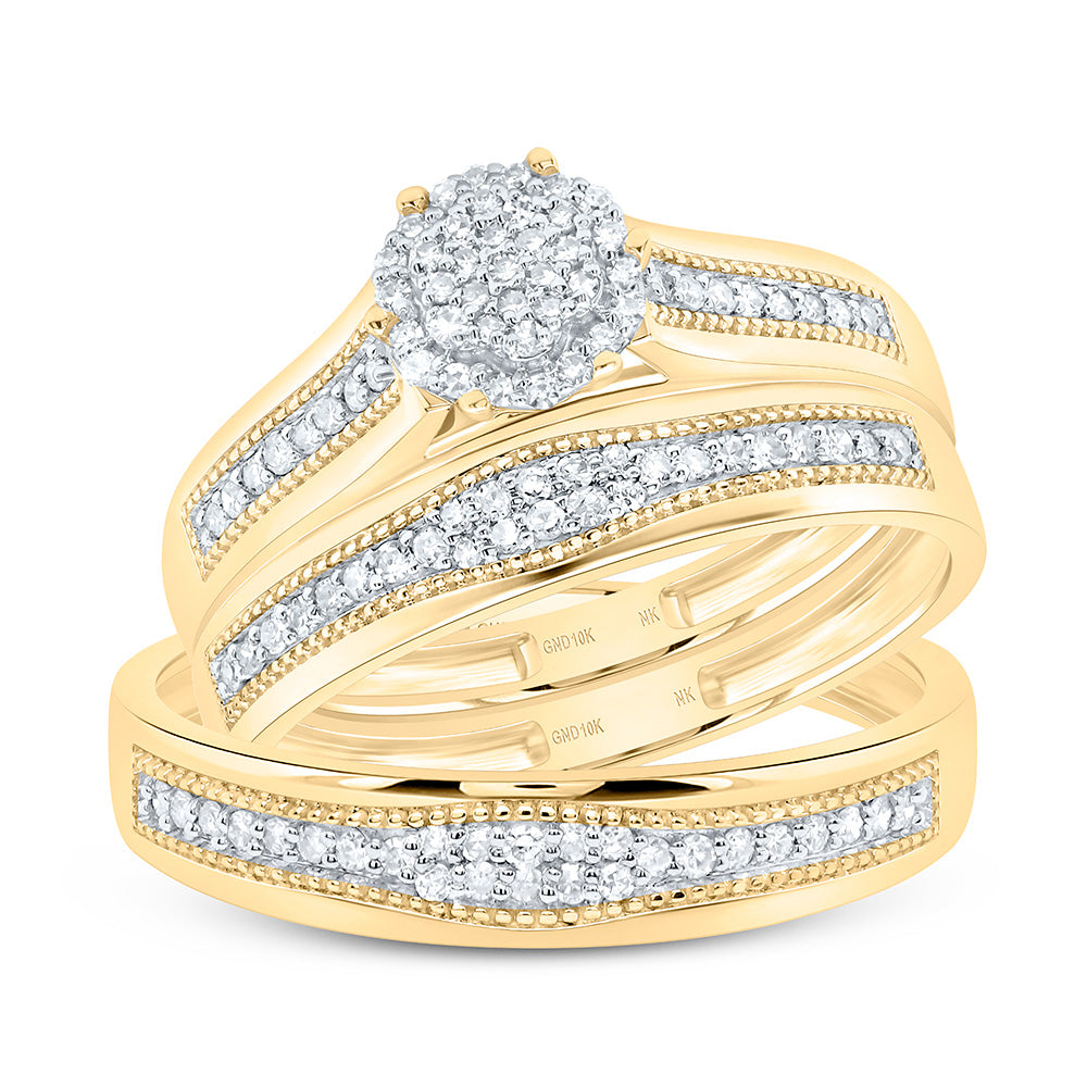 10K Yellow or White Gold 3/8 Ctw Natural Diamond Flower Trio Set, Womens Size: 5-9, Mens Size: 8-12