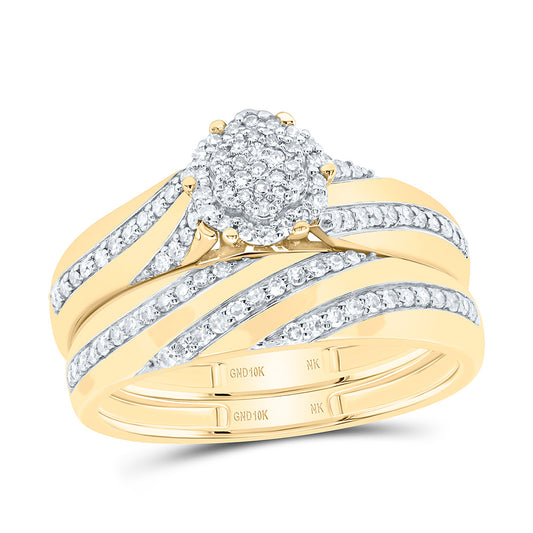 10K Yellow or White Gold 1/2 Ctw Natural Diamond Flower Trio Set, Womens Size: 5-9, Mens Size: 8-12