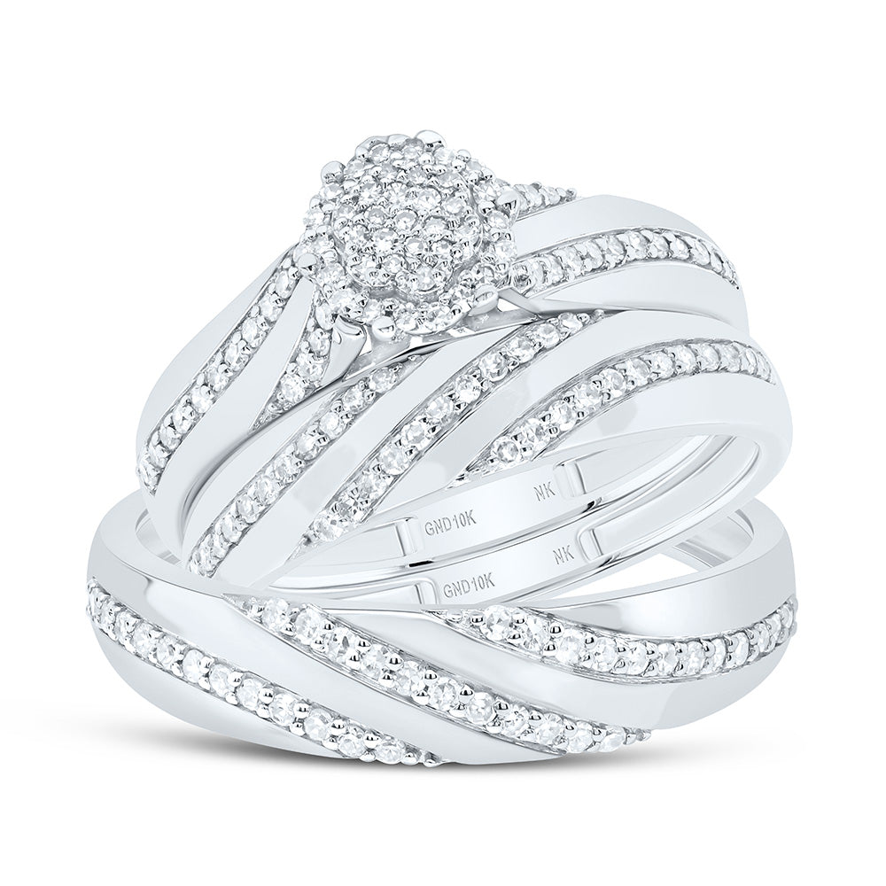 10K Yellow or White Gold 1/2 Ctw Natural Diamond Flower Trio Set, Womens Size: 5-9, Mens Size: 8-12