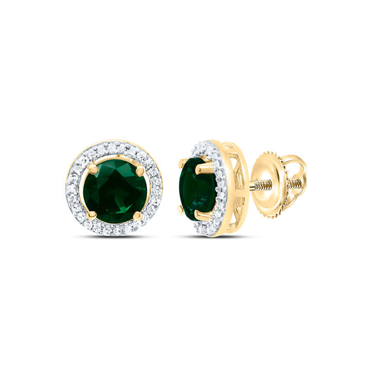 10K Yellow or White Gold 1/10 Ctw Natural Diamond 5MM Round Emerald Synthetic Earring