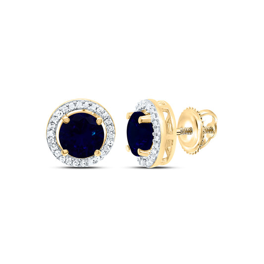 10K Yellow or White Gold 1/10 Ctw Natural Diamond 5MM Round Blue Sapphire Synthetic Earring