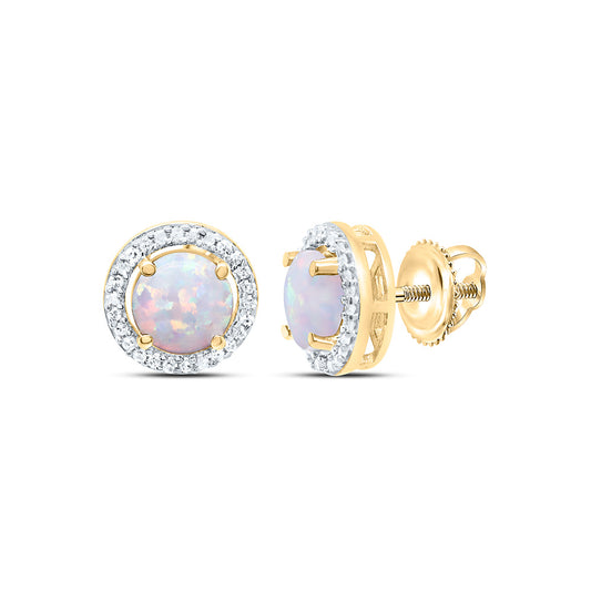 10K Yellow or White Gold 1/10 Ctw Natural Diamond 5MM Round Opal Synthetic Earring