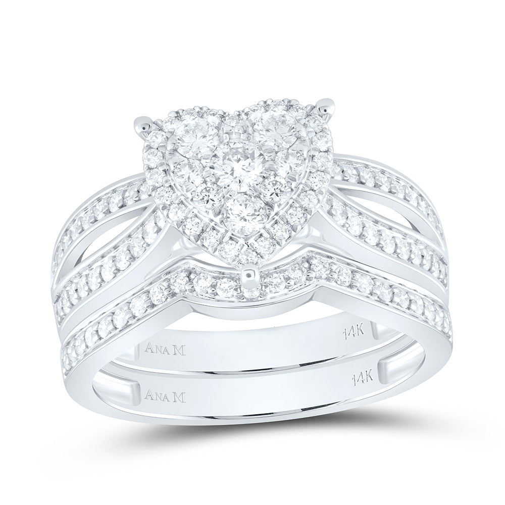 14K White Gold 1 3/4 Cttw Natural Diamond Ana M Heart Bridal Anniversary Wedding Engagement Band Ring Trio Set