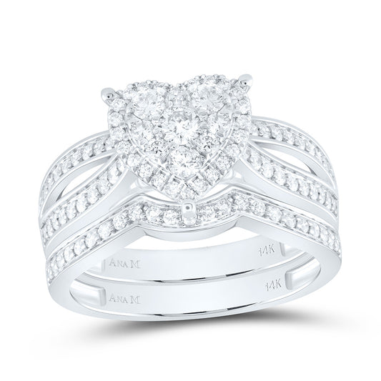 14K White Gold 1 3/4 Cttw Natural Diamond Ana M Heart Bridal Anniversary Wedding Engagement Band Ring Trio Set