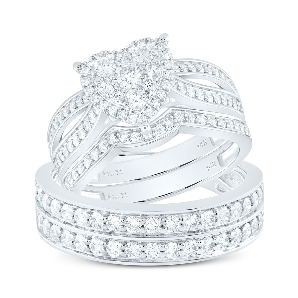 14K White Gold 1 3/4 Cttw Natural Diamond Ana M Heart Bridal Anniversary Wedding Engagement Band Ring Trio Set