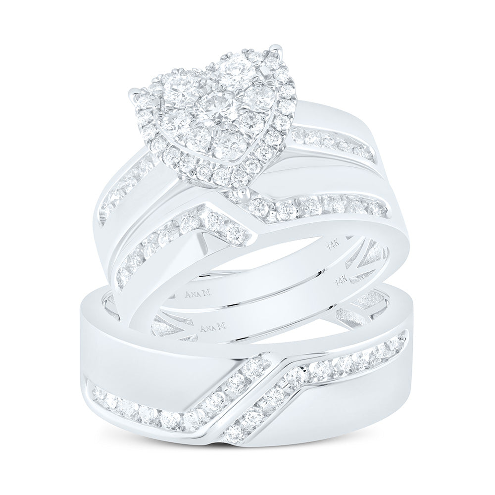 14K White Gold 1 Cttw Natural Diamond Ana M Heart Bridal Anniversary Wedding Engagement Band Ring Trio Set