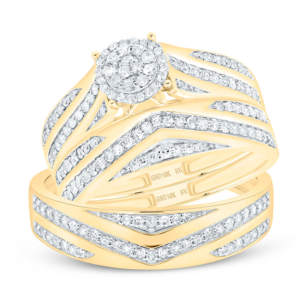 10K Yellow Or White Gold 5/8 Cttw Natural Diamond Nk Fashion Round Bridal Anniversary Wedding Engagement Band Ring Trio Set