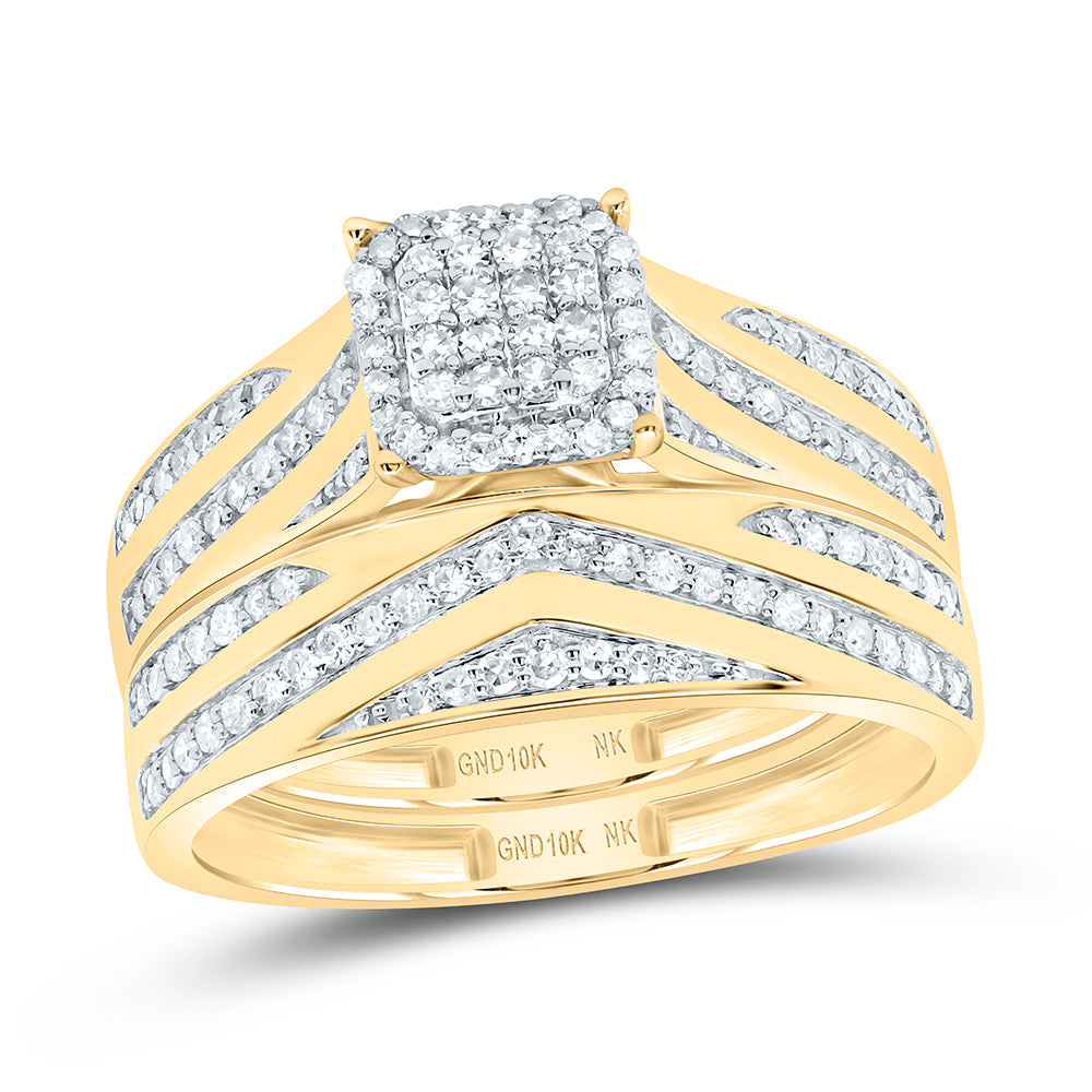 10K Yellow Gold 5/8 Cttw Natural Diamond Nk Fashion Cushion Bridal Anniversary Wedding Engagement Band Ring Trio Set