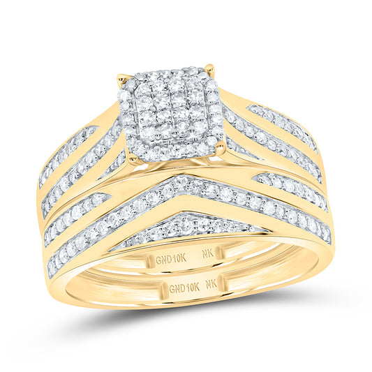 10K Yellow Gold 5/8 Cttw Natural Diamond Nk Fashion Cushion Bridal Anniversary Wedding Engagement Band Ring Trio Set