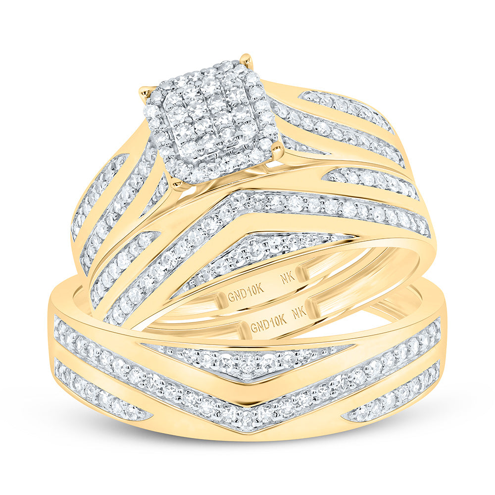 10K Yellow Gold 5/8 Cttw Natural Diamond Nk Fashion Cushion Bridal Anniversary Wedding Engagement Band Ring Trio Set