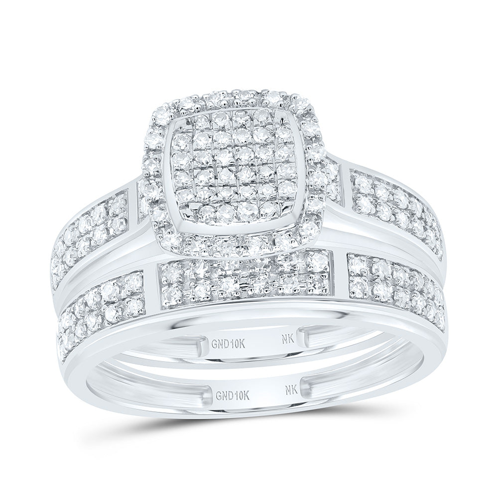 10K White Gold 5/8 Cttw Natural Diamond Nk Fashion Cushion Bridal Anniversary Wedding Engagement Band Ring Trio Set
