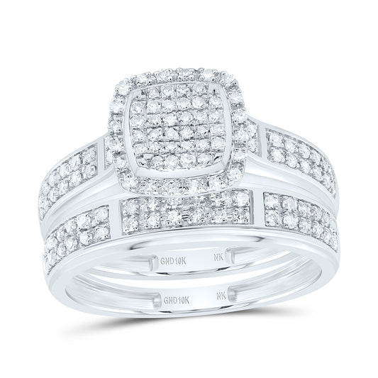10K White Gold 5/8 Cttw Natural Diamond Nk Fashion Cushion Bridal Anniversary Wedding Engagement Band Ring Trio Set