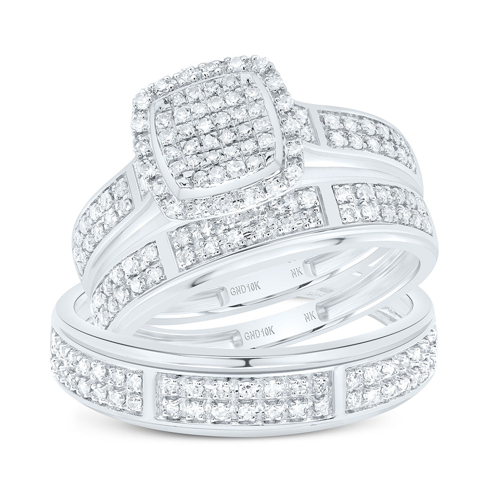 10K White Gold 5/8 Cttw Natural Diamond Nk Fashion Cushion Bridal Anniversary Wedding Engagement Band Ring Trio Set