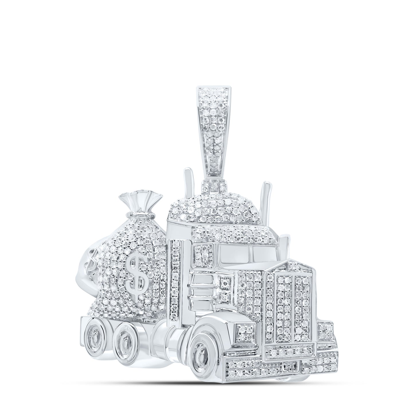 Sterling Silver 1Cttw Natural Diamond P3 Money Bag Truck Mens Charm