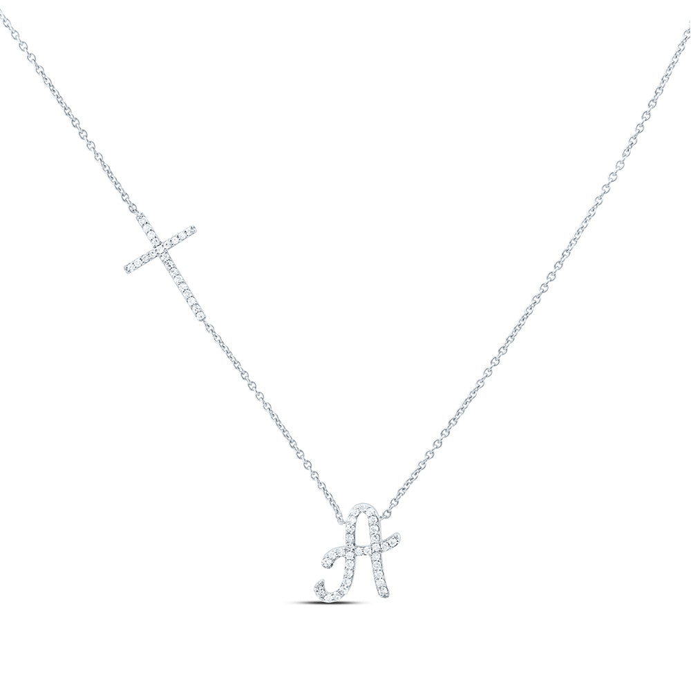 10K Yellow Or White Gold Natural Diamond Gift Initial Cross Necklace (18 Inch)