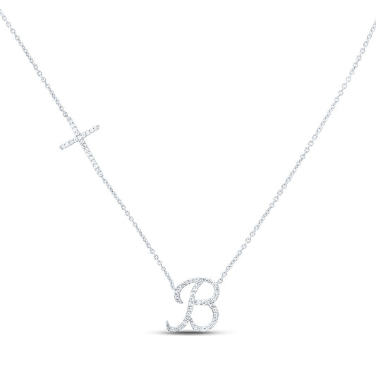 10K White Gold 1/4 Cttw Natural Diamond Nk Gift Initial Cross Necklace (18 Inch)