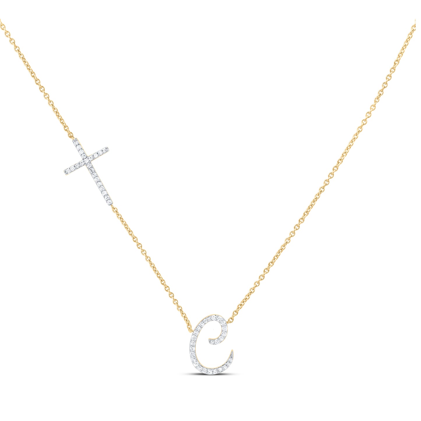 10K Yellow Or White Gold Natural Diamond Gift Initial Cross Necklace (18 Inch)