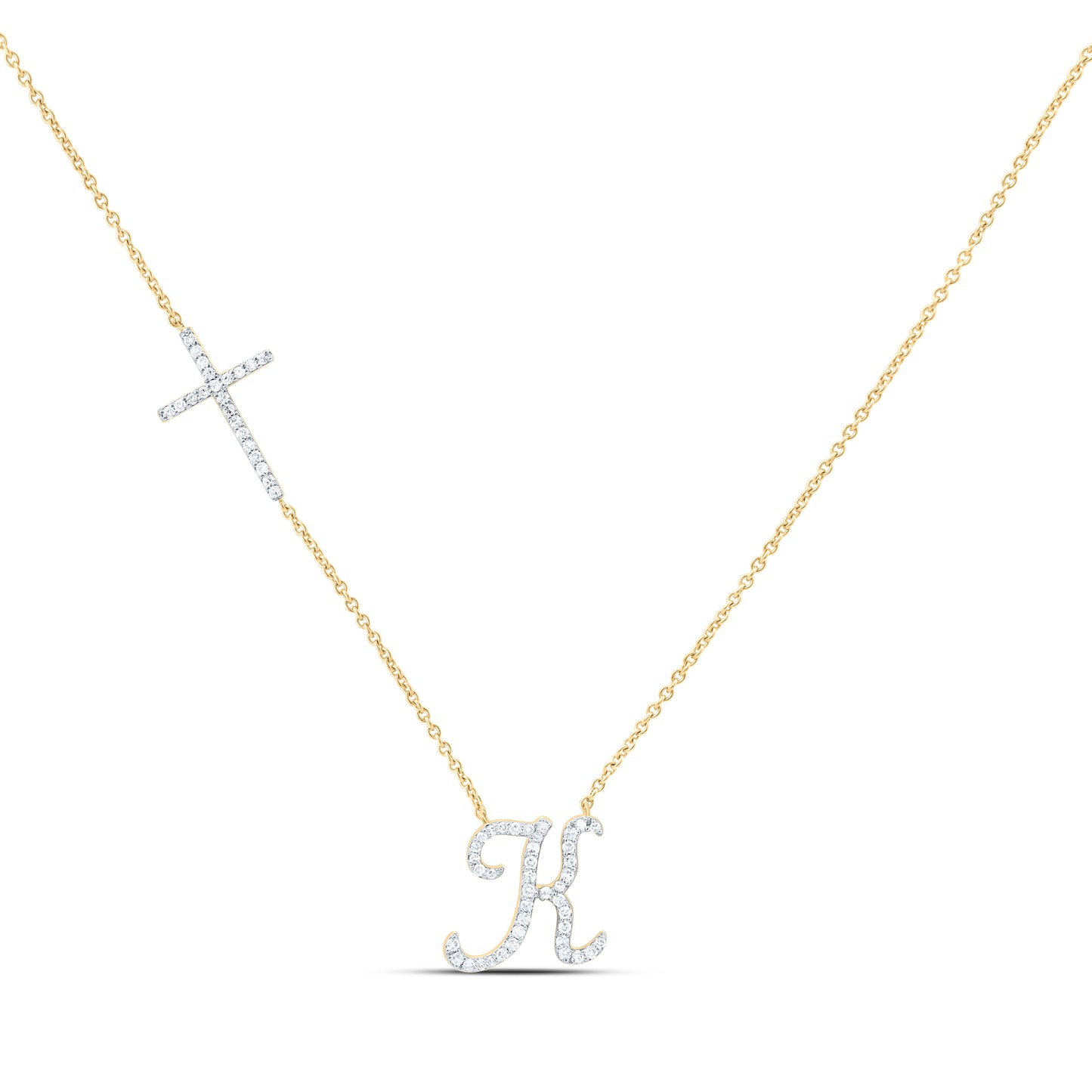10K Yellow Or White Gold Natural Diamond Gift Initial Cross Necklace (18 Inch)