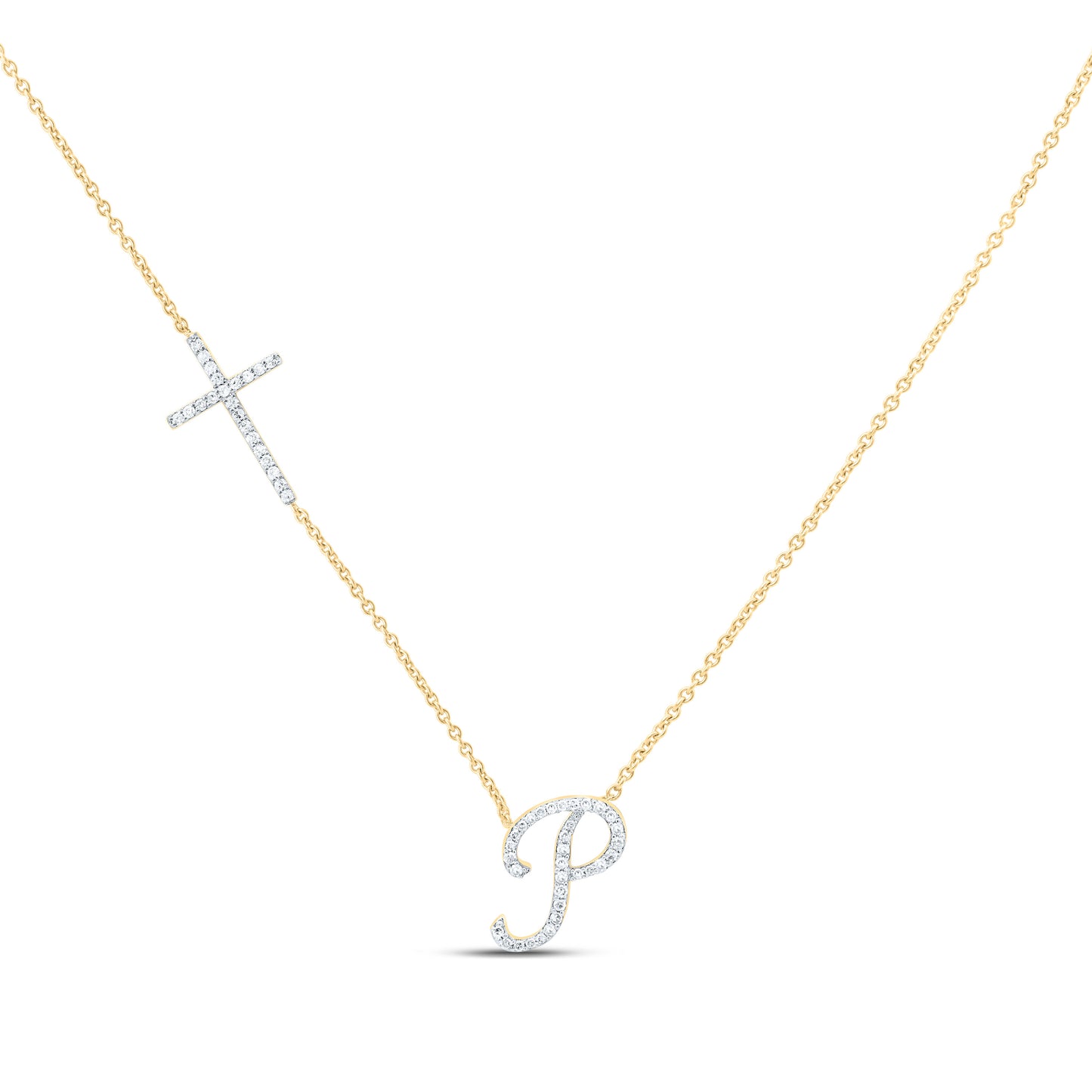 10K Yellow Or White Gold Natural Diamond Gift Initial Cross Necklace (18 Inch)