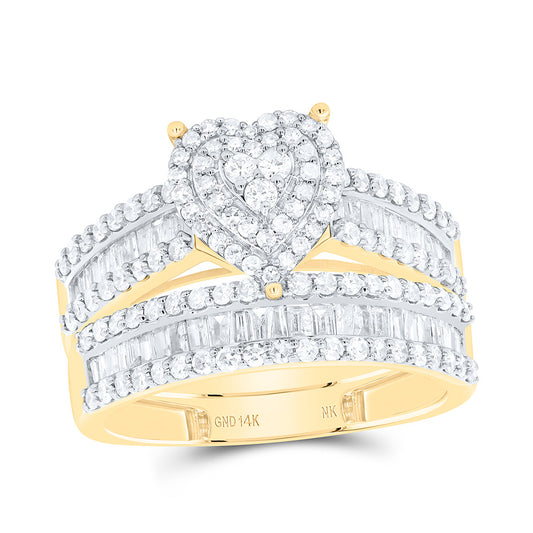 14K Yellow Or White Gold 1 Cttw Natural Diamond Heart Double Halo Bridal Set