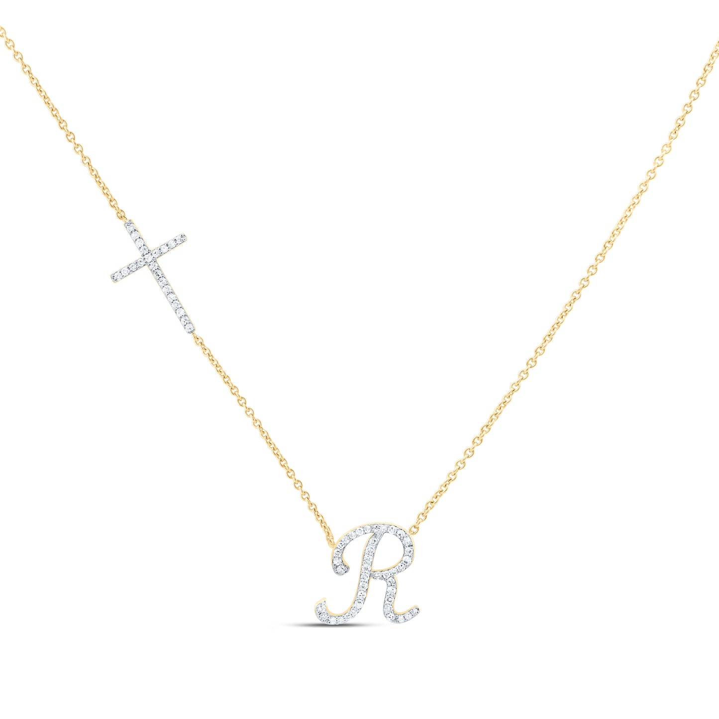 10K Yellow Or White Gold Natural Diamond Gift Initial Cross Necklace (18 Inch)