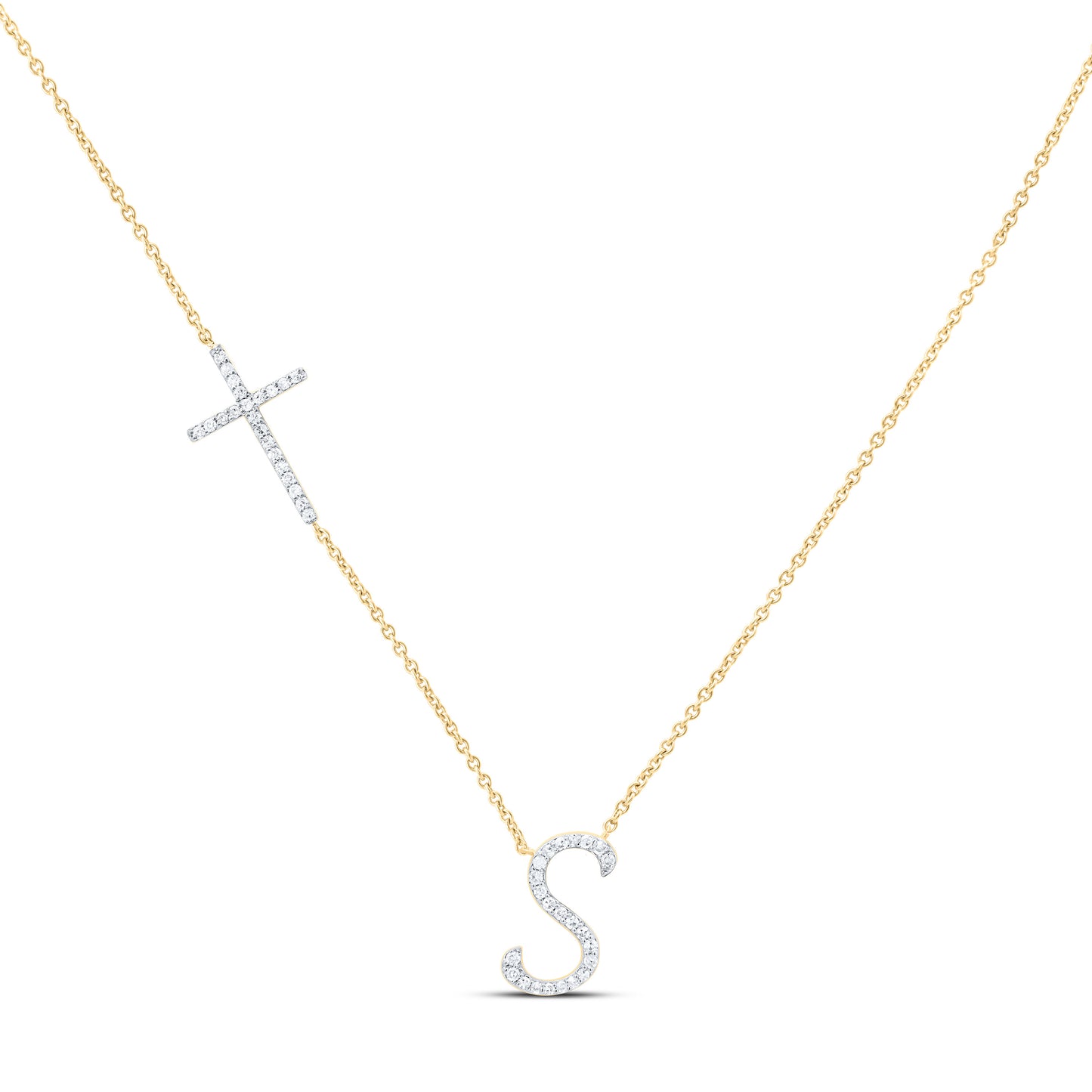 10K Yellow Or White Gold Natural Diamond Gift Initial Cross Necklace (18 Inch)