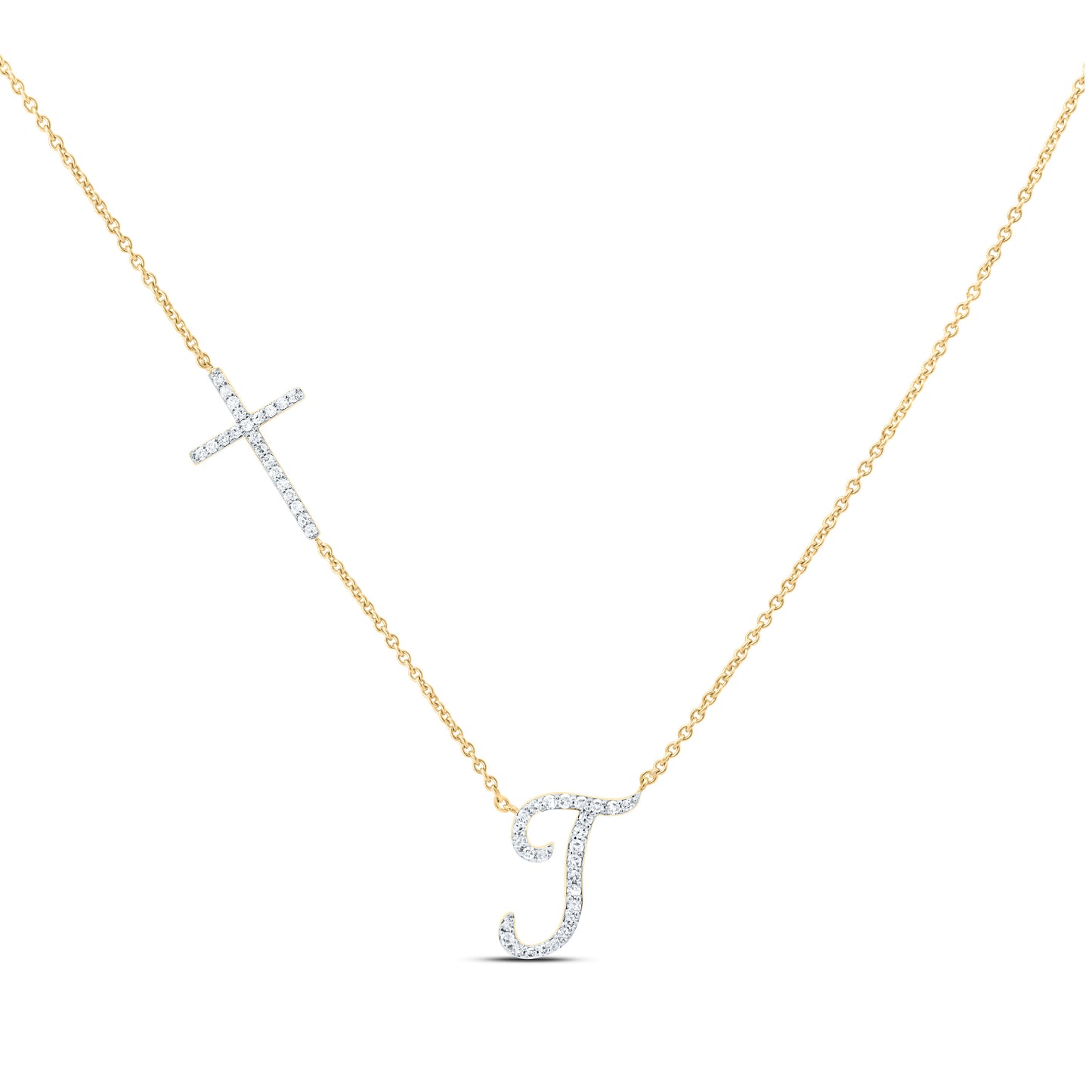 10K Yellow Or White Gold Natural Diamond Gift Initial Cross Necklace (18 Inch)