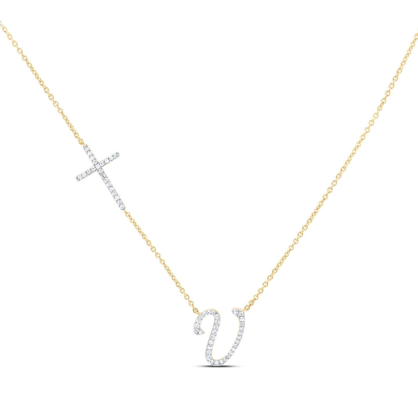 10K Yellow Or White Gold Natural Diamond Gift Initial Cross Necklace (18 Inch)