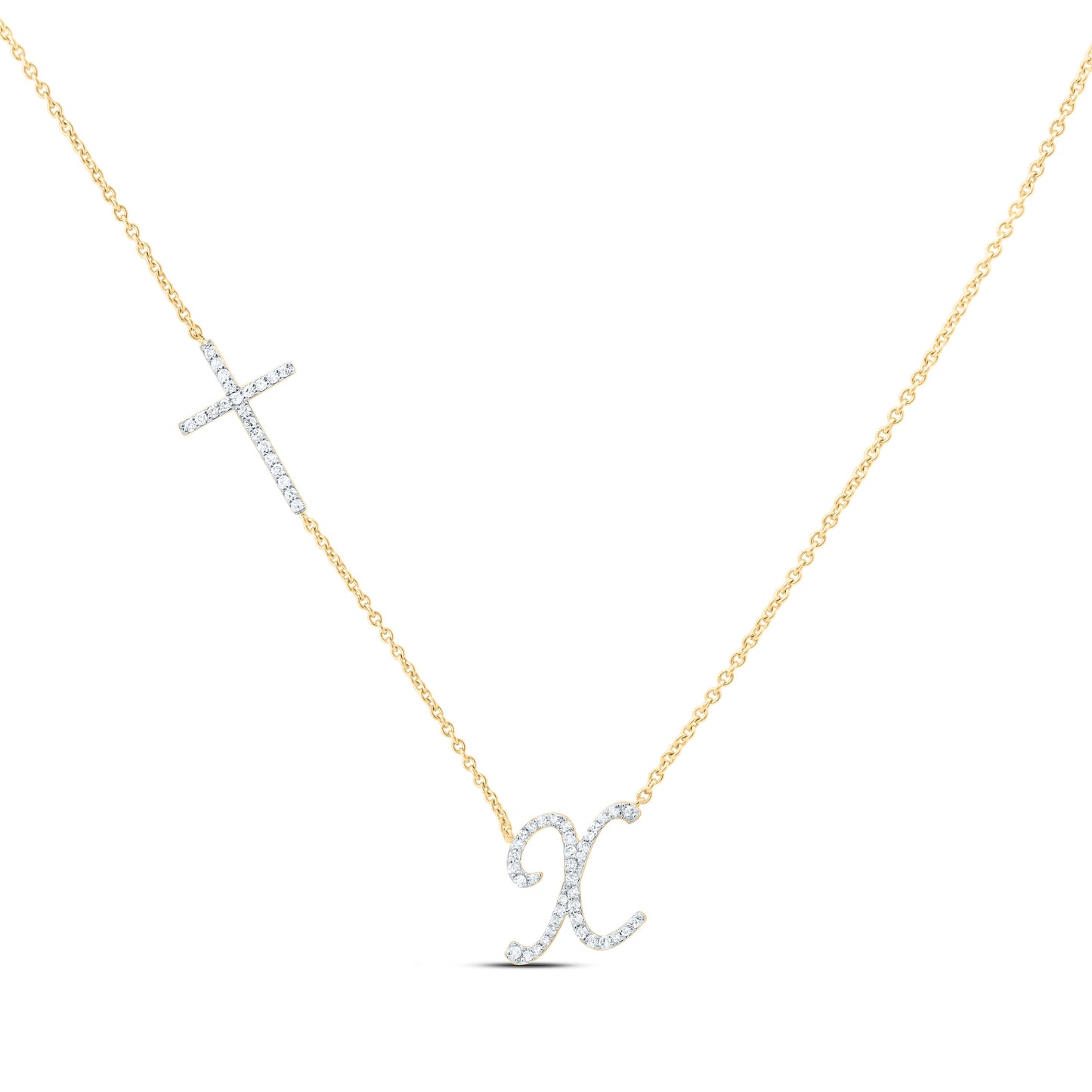 10K Yellow Or White Gold Natural Diamond Gift Initial Cross Necklace (18 Inch)