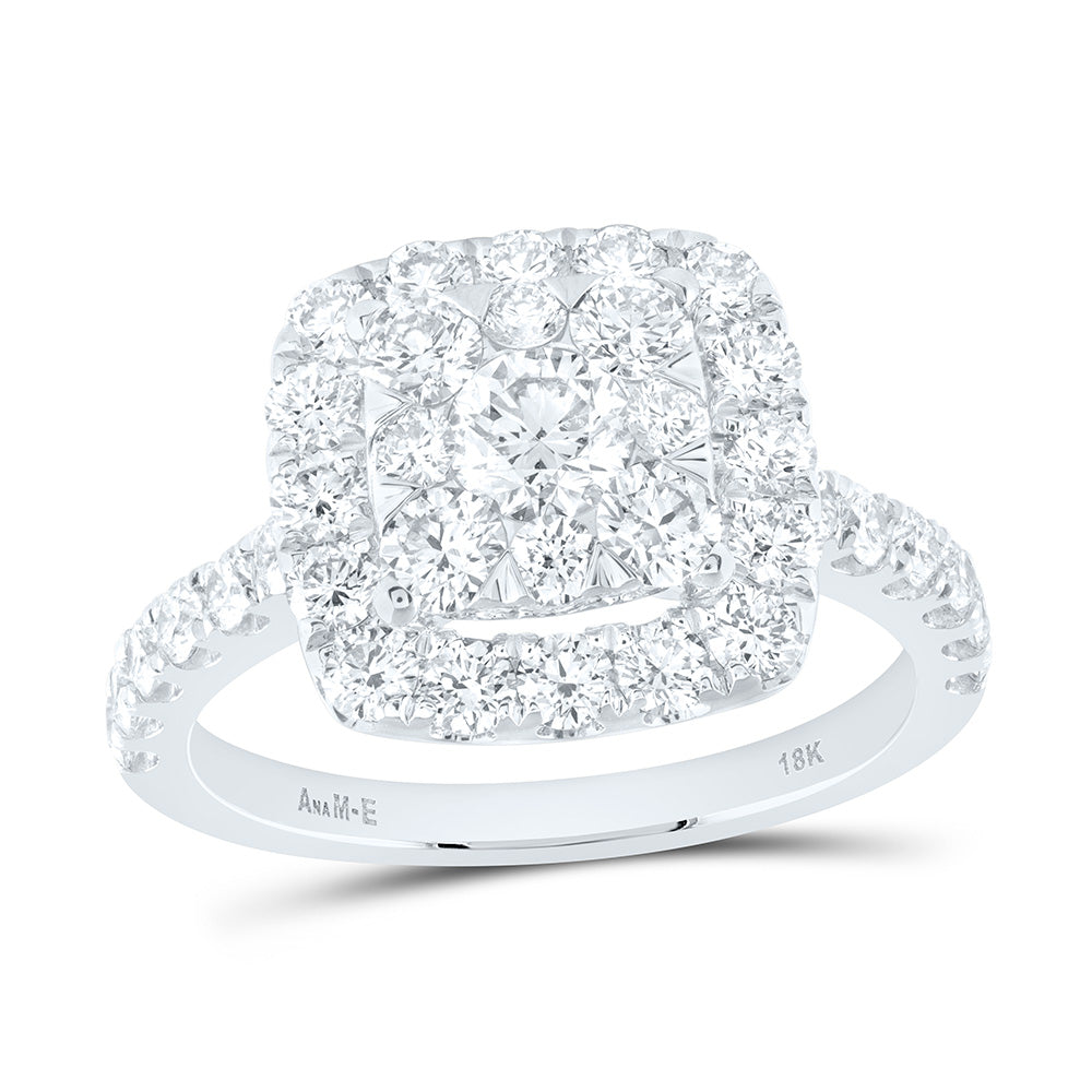 18K White Gold 1 7/8Cttw Natural Diamond Elite 1/3Cttw Center Round Cushion Single Halo Bridal Ring