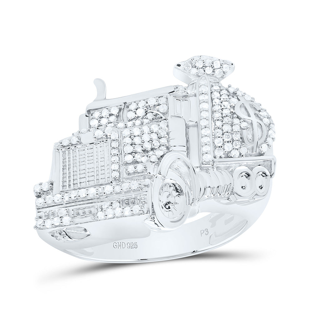 Sterling Silver 1/2Cttw Natural Diamond P3 Money Bag Truck Mens Ring