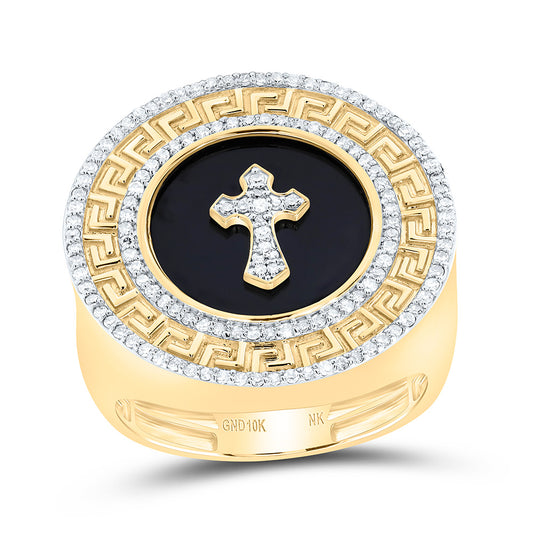 10K Yellow Gold 1/2Cttw Natural Diamond Nk15.50Mm Onyx Round Cross Men'S Ring